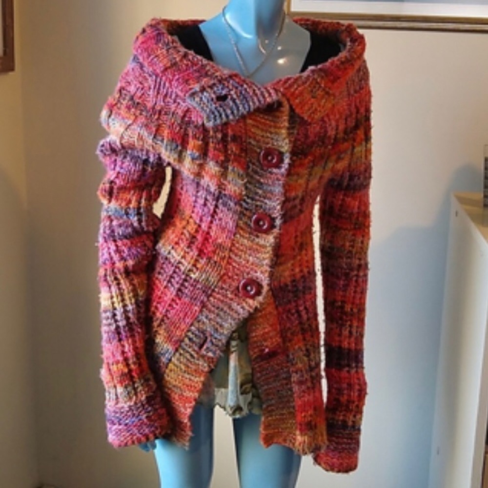 Free People Rainbow Red and Pink Chunky Knit Cardigan